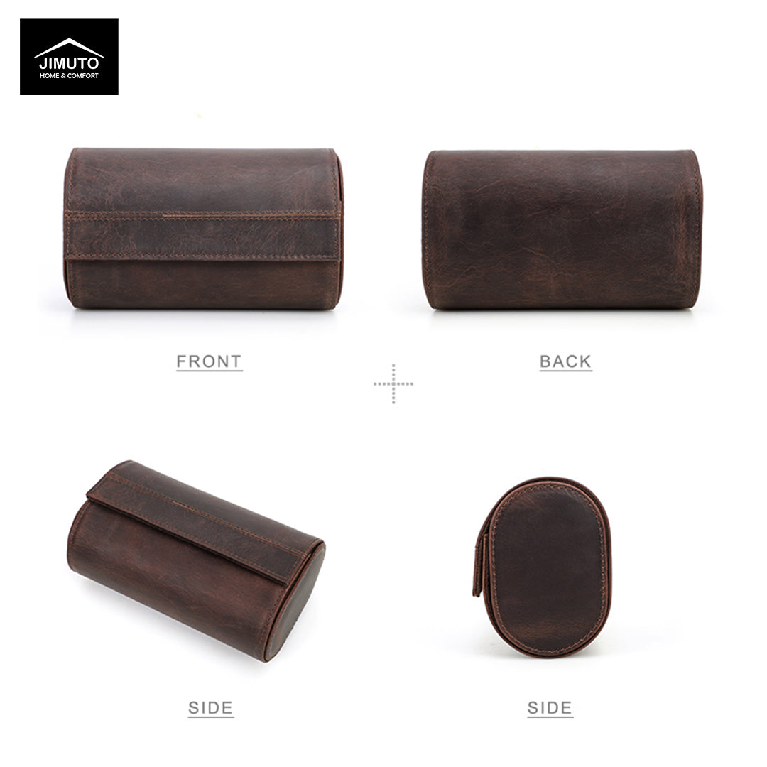 Brown leather case shown from front, back, and side views on a white background with Mimuto branding.