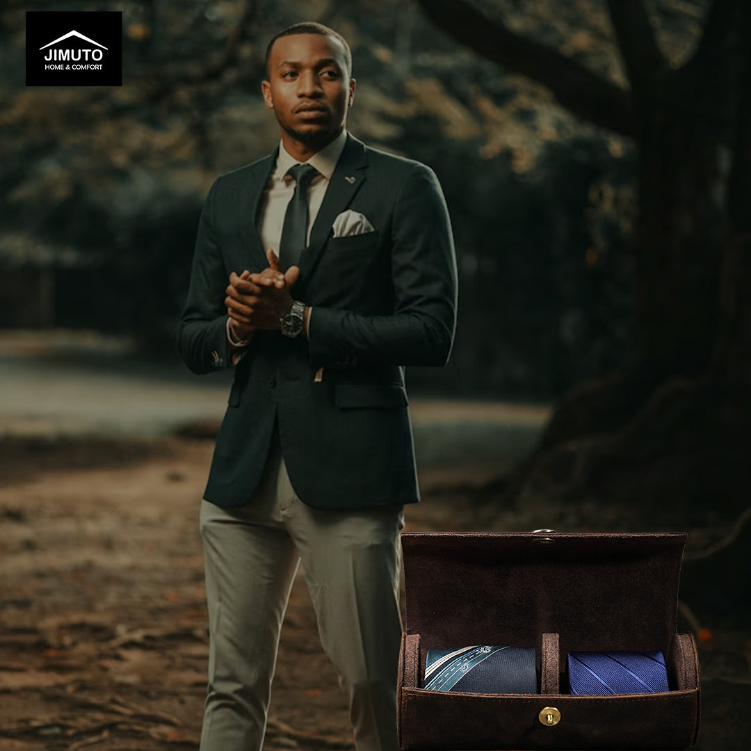 Man in a suit standing next to a leather necktie case with a forest background