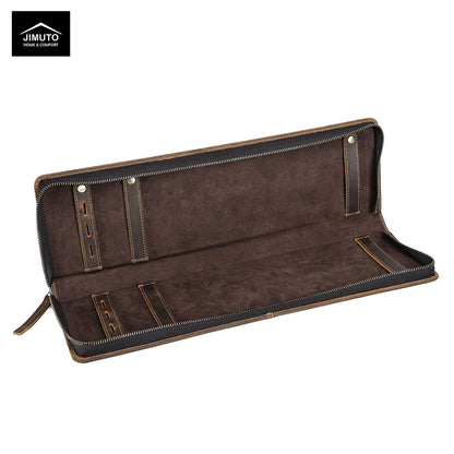 Brown travel leather tie case with visible stitching on a white background, featuring the JIMUTO brand.