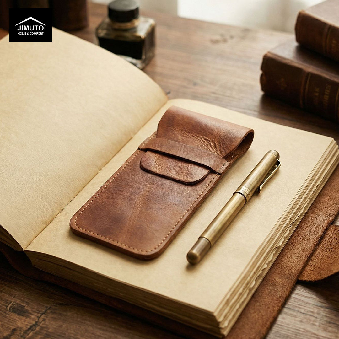 Brown leather pen pouch and pen on an open notebook with a wooden surface and books in the background.