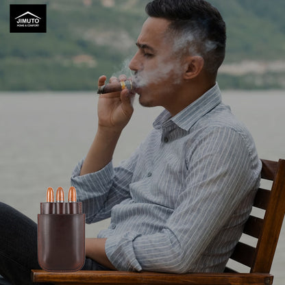Man smoking a cigar with a scenic background, next to a leather cigar case.