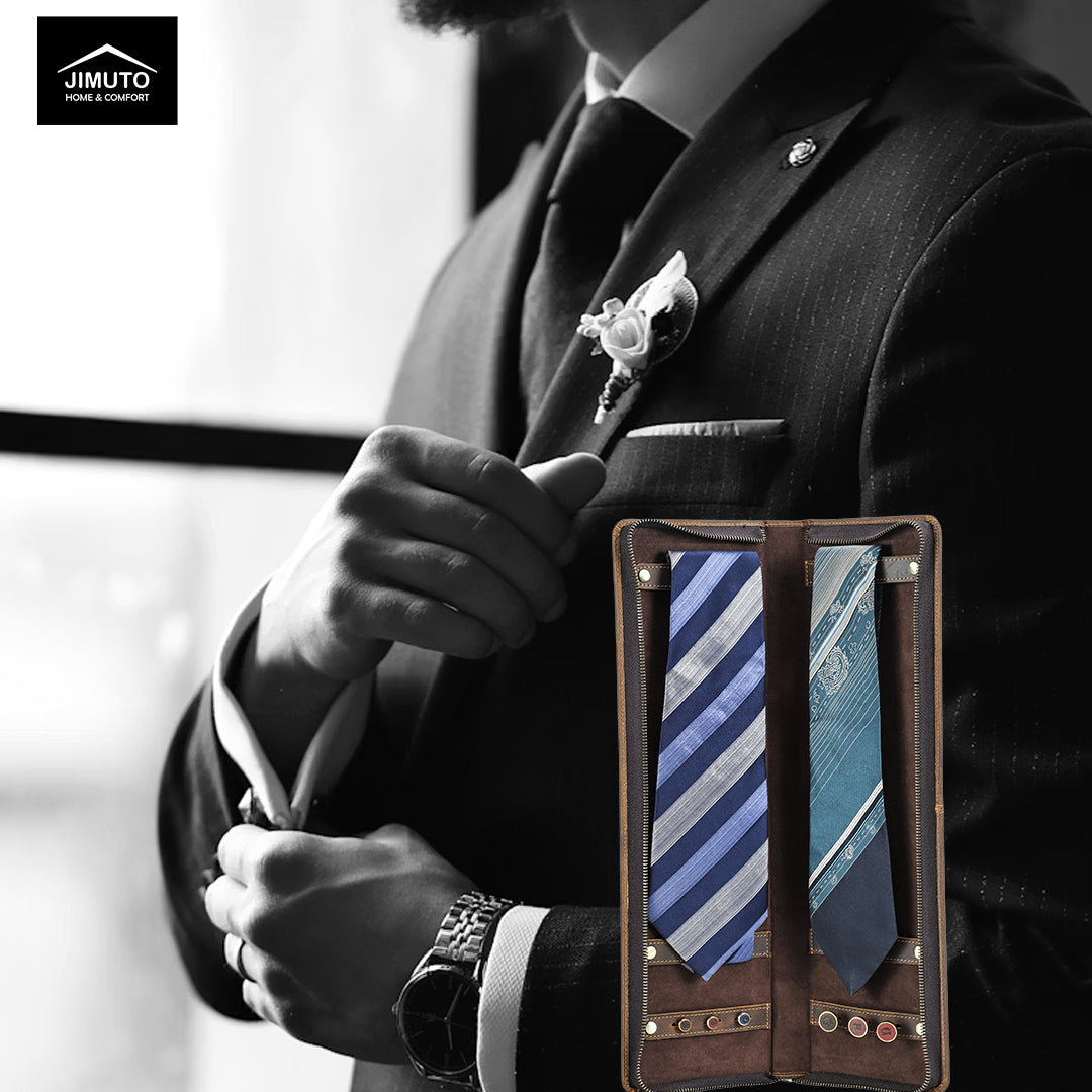 Man holding a leather tie case with ties, wearing a suit and tie, with 'JIMUTO' branding.