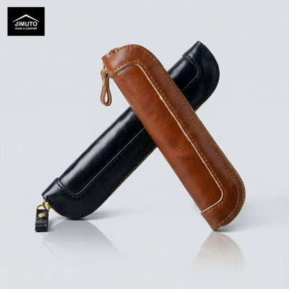 Two leather pen cases, one black and one brown, stacked on a light gray background with 'JIMUTO' branding.