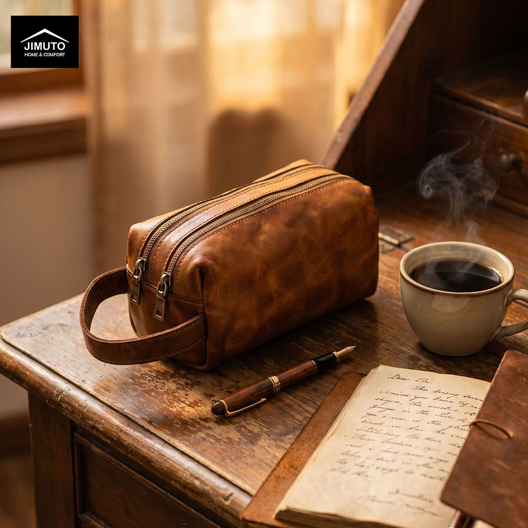 Brown leather storage bag on a wooden surface with a cup of coffee and pen.