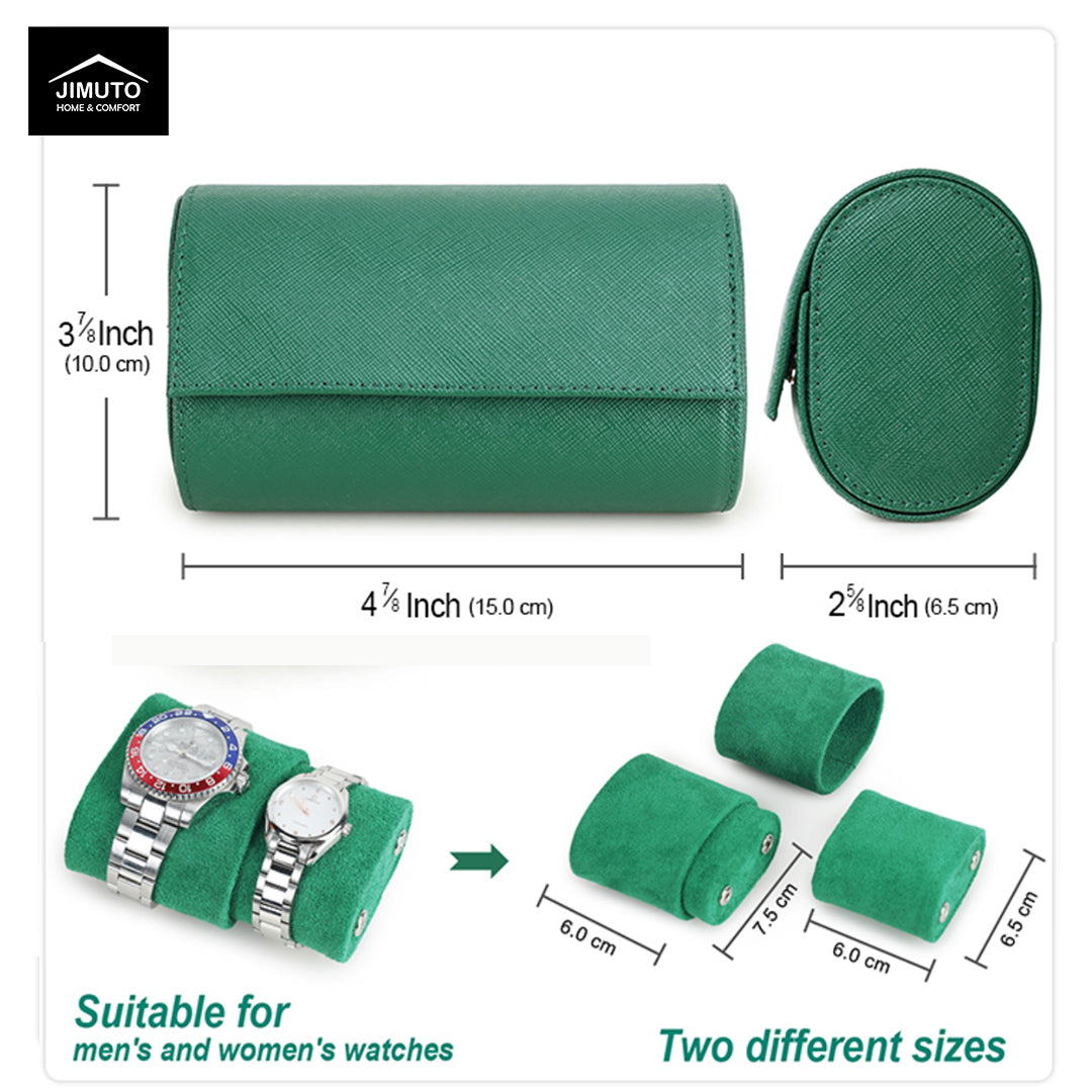Green watch case with dimensions and compatibility information on a white background