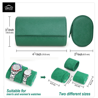 Green watch case with dimensions and compatibility information on a white background