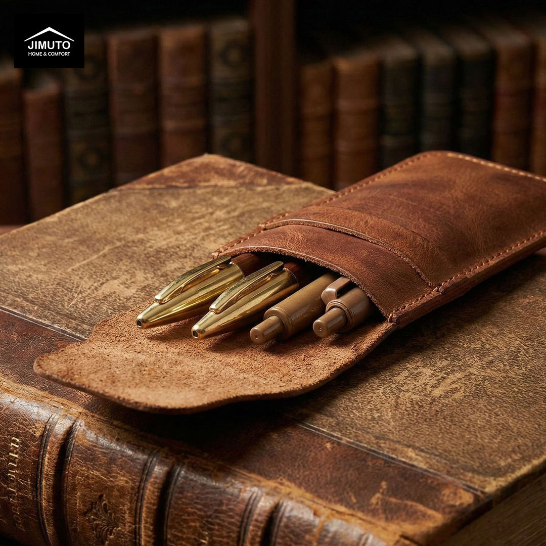 Brown leather pen holder with gold pens on an old book, JIMUTO brand visible