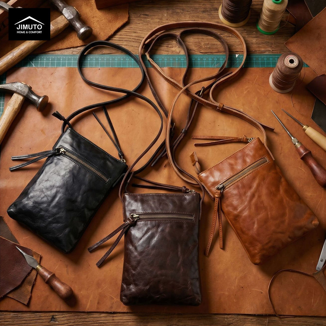 Three leather cross-body bags on a wooden surface with leather tools and materials.