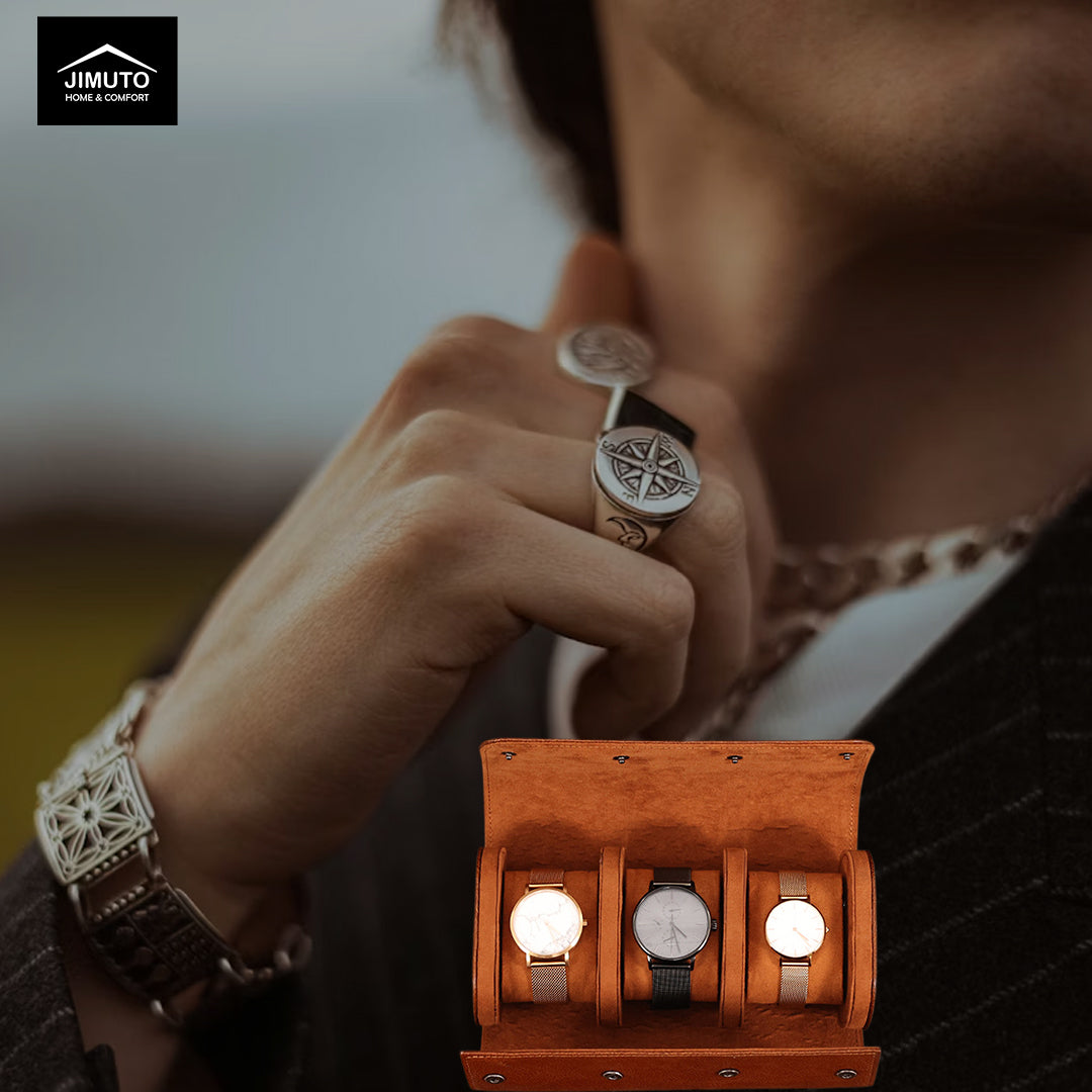 Man wearing a watch and ring with a leather display case of watches, featuring the JIMUTO brand.
