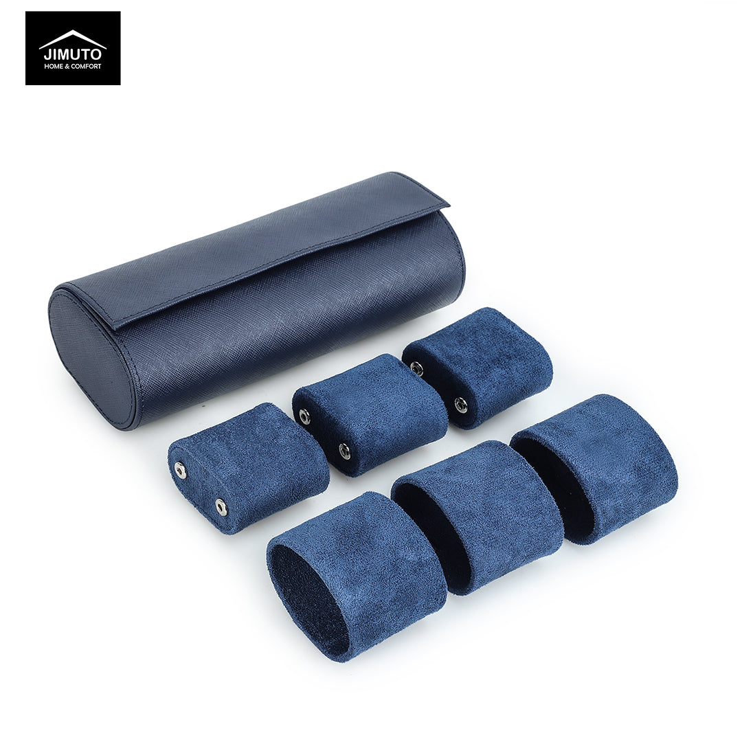 Set of blue cylindrical cushions with a carrying Saffiano watch case on a white background, featuring the JIMUTO brand.