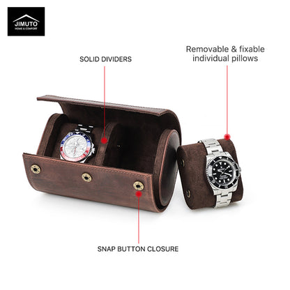 Brown leather watch case with two watches, labeled features on a white background.
