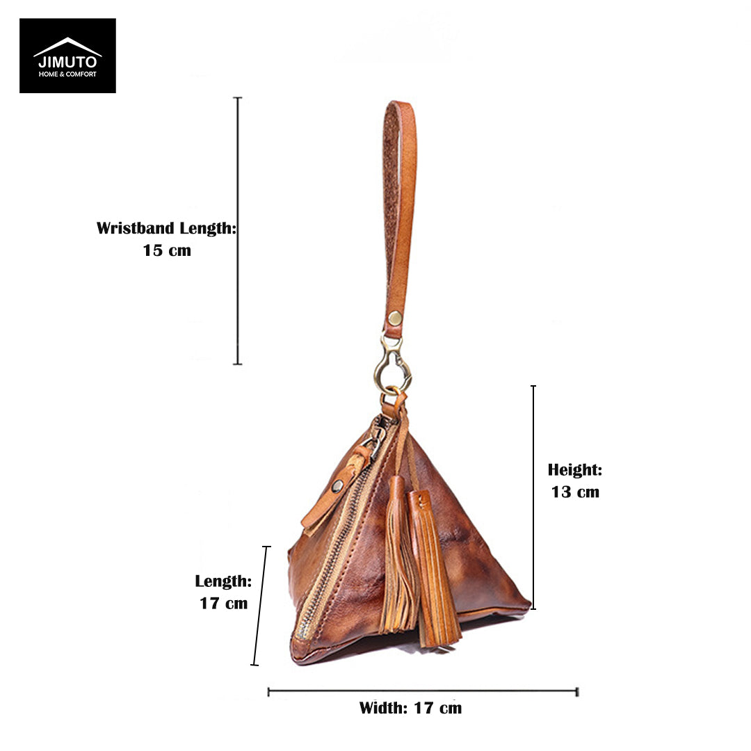 Brown leather wristlet with tassels and measurements on a white background