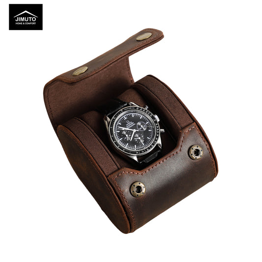 Brown leather watch roll with a watch inside on a white background, featuring the JIMUTO brand.