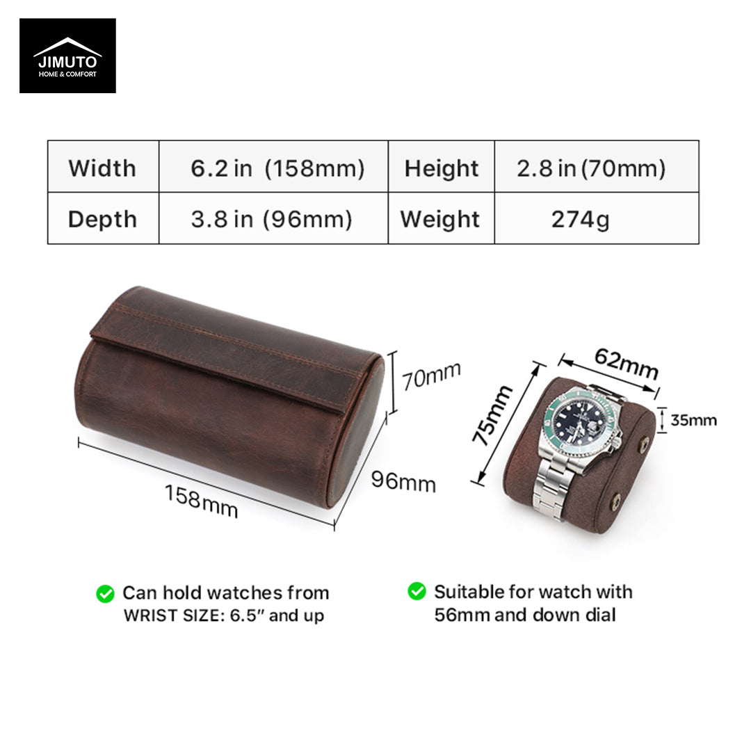 Brown leather watch case with dimensions and a watch displayed, featuring the Jimuto brand.