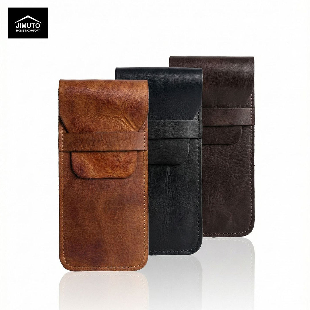 Three leather pen cases in brown, black, and dark brown on a white background with Jimuto brand logo.