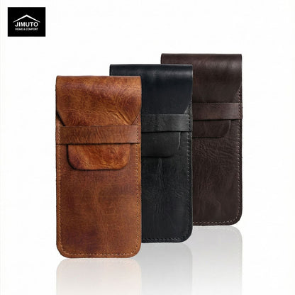 Three leather pen cases in brown, black, and dark brown on a white background with Jimuto brand logo.