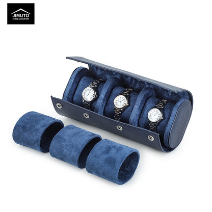 Blue Saffiano watch storage case with three watches on a white background, featuring the JIMUTO brand.