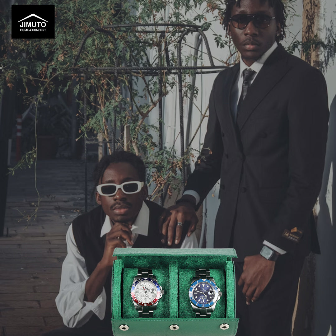 Two men in formal attire with a green Saffiano watch box containing two watches.