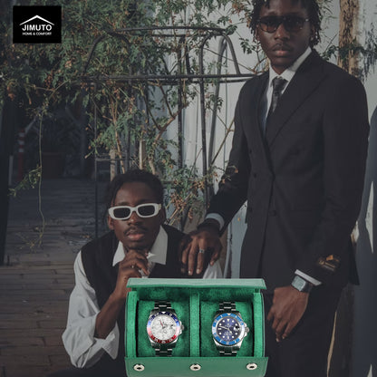 Two men in formal attire with a green Saffiano watch box containing two watches.