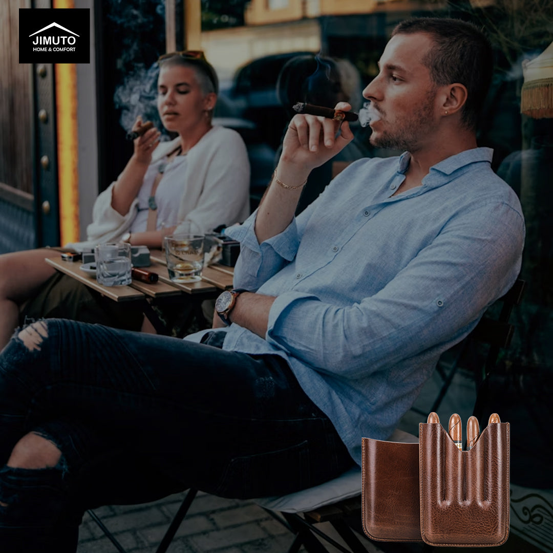 Man smoking a cigar at an outdoor cafe with a JIMUTO 4-slot leather cigar case display.