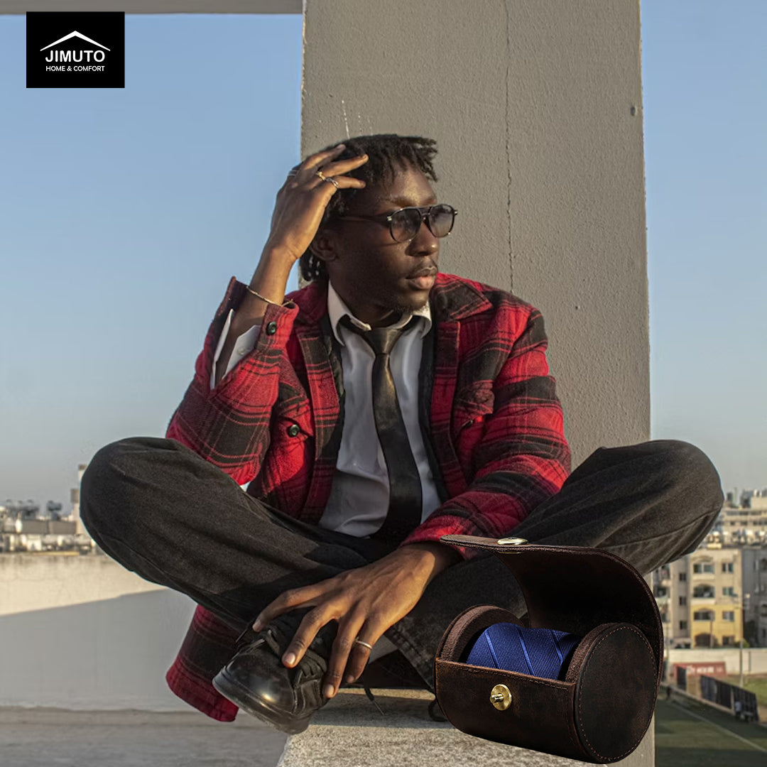 Man sitting on a rooftop with a cityscape background, wearing a red plaid jacket and holding a leather necktie case.