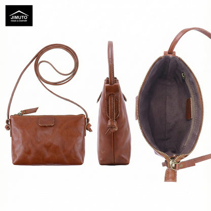 Brown leather crossbody bag on a white background with 'JIMUTO' 