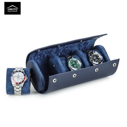 Blue Saffiano watch case with three watches on a white background, featuring the JIMUTO brand.