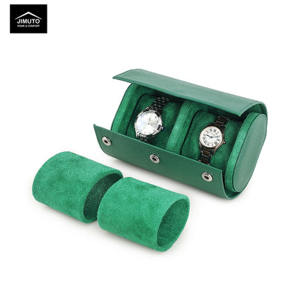 Green Saffiano watch case with two watches inside on a white background, featuring the JIMUTO brand.