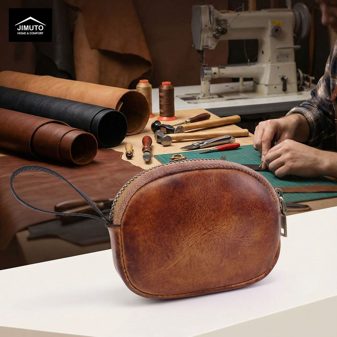 Brown leather pouch on a workbench with leather rolls and sewing tools, featuring the Jimuto brand.