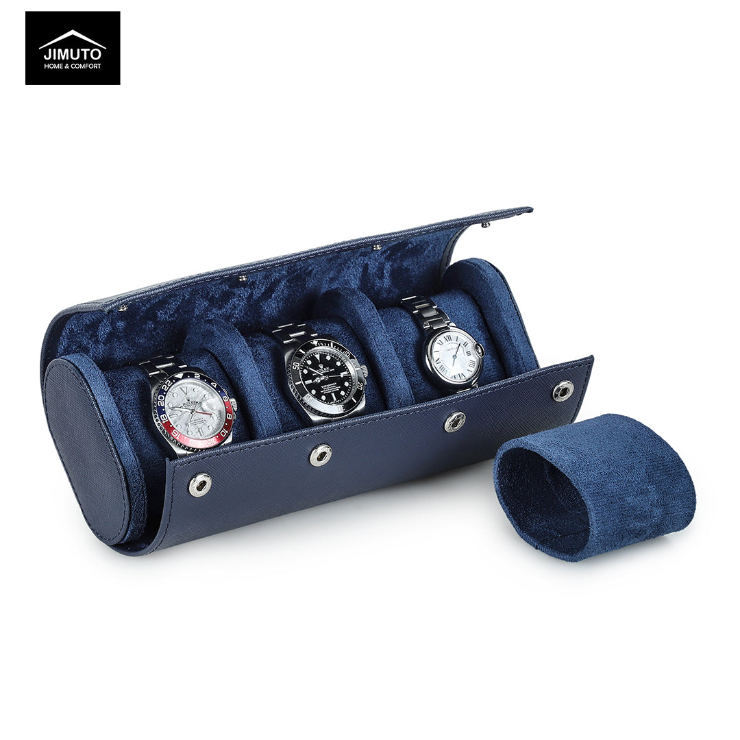 Blue Saffiano watch case with four watches on a white background, featuring the Jimuto brand.