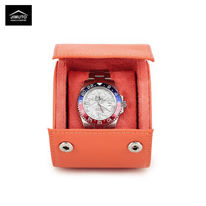 orange saffiano leather Watch roll with a watch displaying on a white background, featuring the JIMUTO brand.