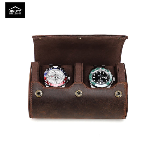 Brown leather watch case with two watches inside on a white background, featuring the Jimuto brand.