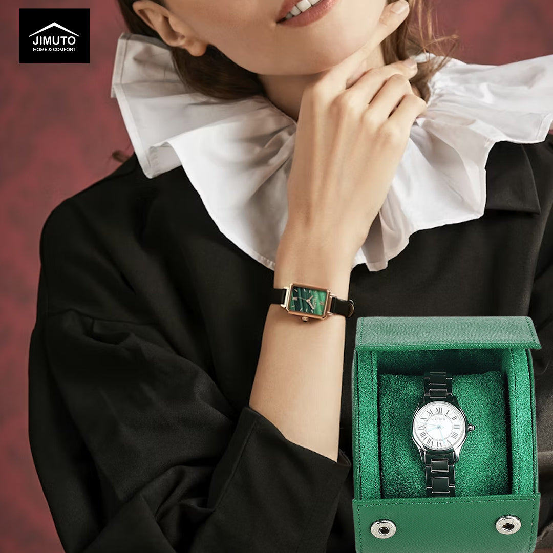 Woman wearing a watch with a green saffiano leather watch case on a red background