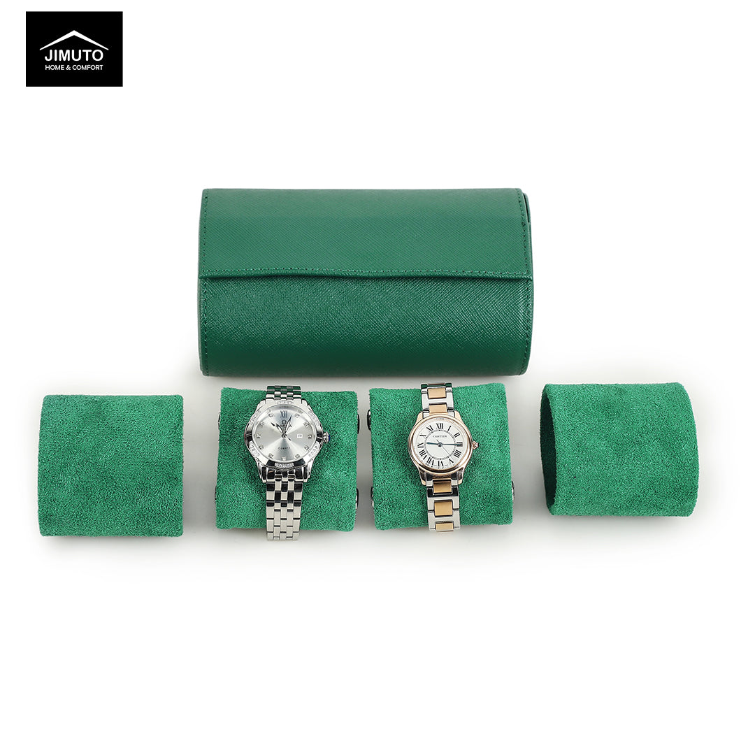 Green Saffiano watch roll with two watches on a white background, featuring the JIMUTO brand.