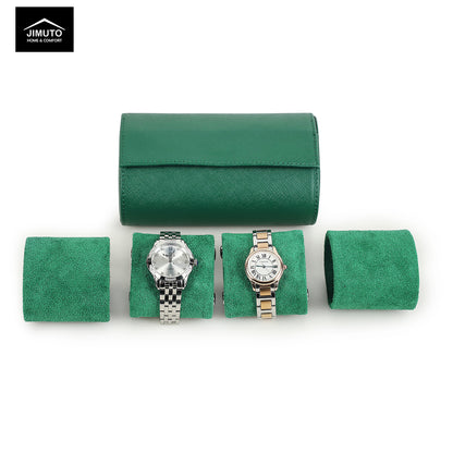 Green Saffiano watch roll with two watches on a white background, featuring the JIMUTO brand.