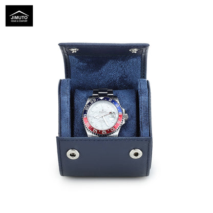 Watch with red and blue accents in a blue saffiano leather watch case, featuring the JIMUTO brand.