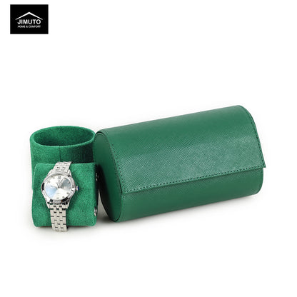 Green Saffiano watch case with a silver watch on a white background, featuring the JIMUTO brand.