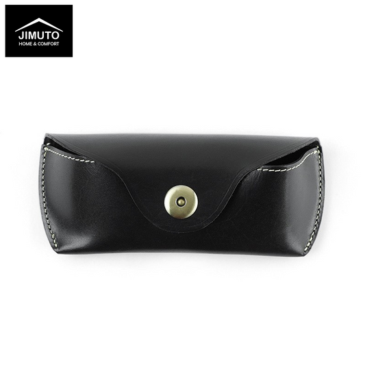 Black leather eyeglasses case with a button closure on a white background, featuring the JIMUTO brand.