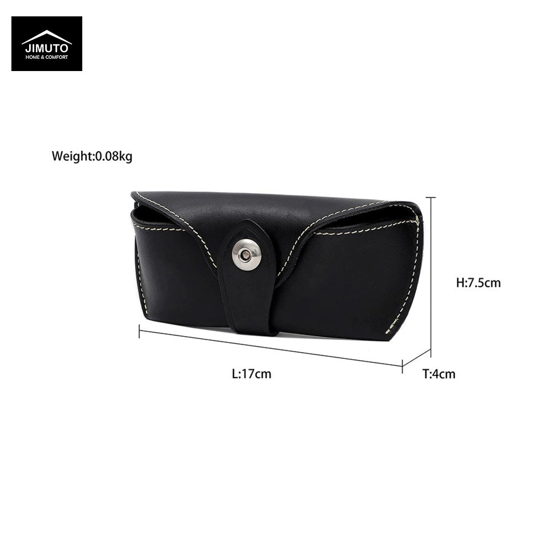 Black leather eyeglasses case with white contrast stitching and a silver snap button, shown with dimension labels (L:17cm, H:7.5cm, T:4cm) and weight (0.