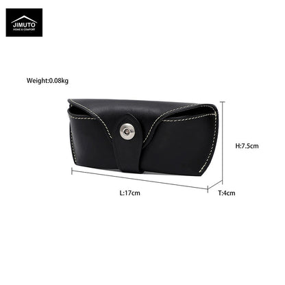Black leather eyeglasses case with white contrast stitching and a silver snap button, shown with dimension labels (L:17cm, H:7.5cm, T:4cm) and weight (0.