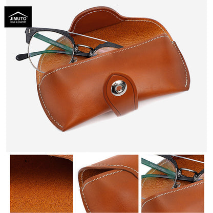 Brown leather eyeglasses case shown open on a white background, with a pair of eyeglasses resting inside. Three small detail insets at the bottom show the interior texture, edge stitching, and the case with glasses again.