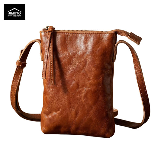 Brown leather crossbody bag on a white background with 'JIMUTO' branding.