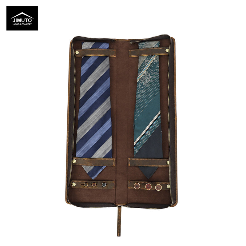 Retro Crazy Horse Leather Tie and Cufflink Box | Travel Portable Unisex Tie Buckle Box | JIMUTO JTC-ZS