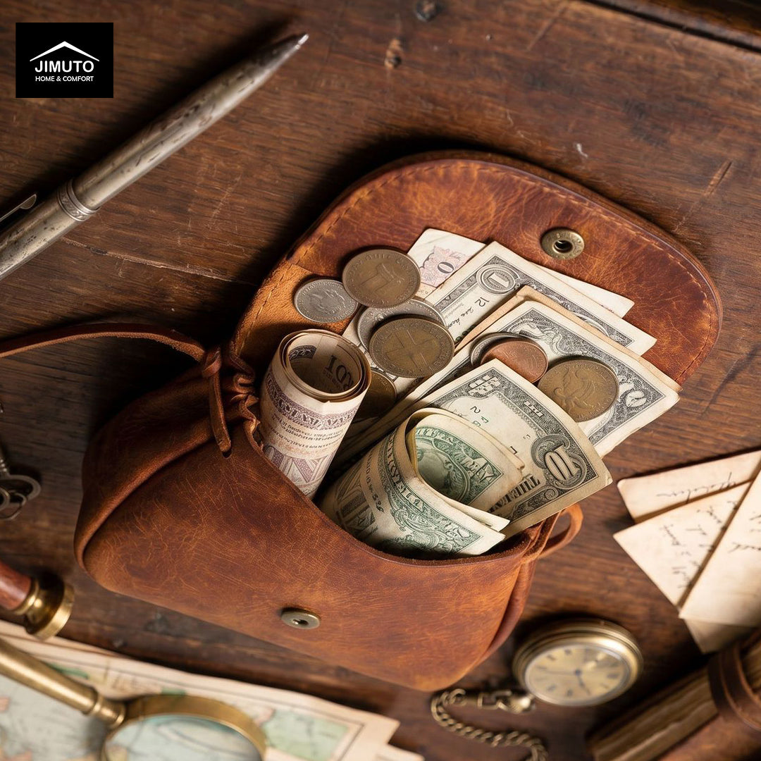 A brown leather coin purse filled with cash, coins, and papers, styled on a dark wooden tabletop with vintage props including a pen, pocket watch, magnifying glass, and letter.