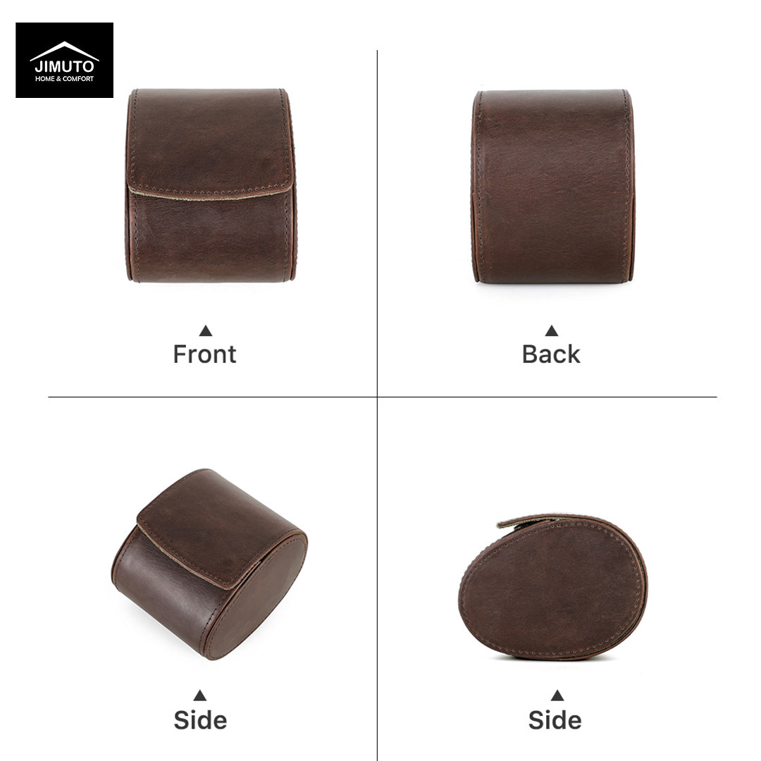 A four-panel product view of a dark brown leather cylindrical pouch or case, showing front, back, side, and side-zip views on a white background. The Jimuto brand logo appears in the top-left corner.