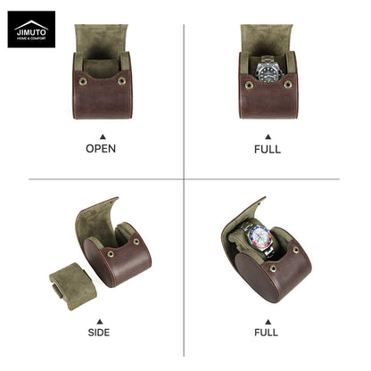 A four-panel product diagram showing a brown leather watch pouch from Jimuto in different positions: open, full, side, and fully open with a watch inside. The Jimuto logo appears in the top-left corner on a white background.
