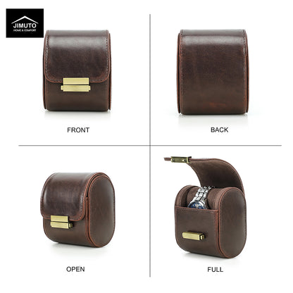 A four-panel product diagram showing a brown full-grain leather watch box from the front, back, open, and full views on a white background. The brand logo JIMUTO is visible in the top-left corner.