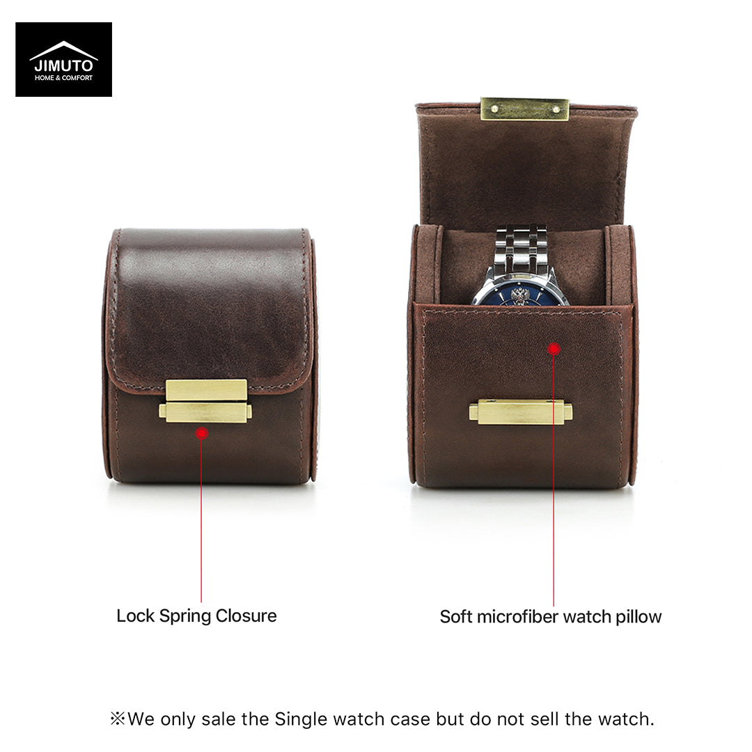 A brown full-grain leather watch case shown in two views on a white background: closed with a gold-tone lock spring closure, and open with a soft microfiber watch pillow holding a watch. Text labels point to the lock spring closure and soft microfiber watch pillow.