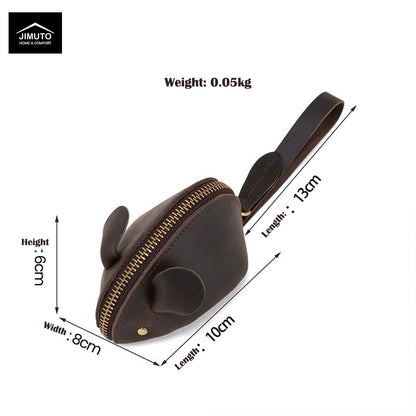 A dark brown leather pouch with a gold zipper, shown with dimension lines and text indicating its measurements (8cm width, 10cm length, 6cm height) and weight (0.05kg).