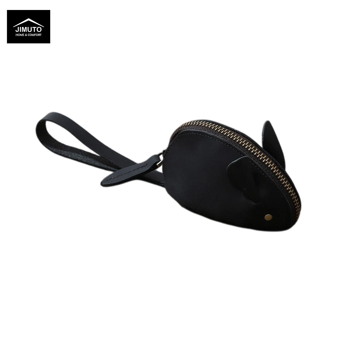 A black craze horse cowhide mouse-shaped zippered pouch with a wrist strap, shown on a plain white background with a JIMUTO logo in the top-left corner.